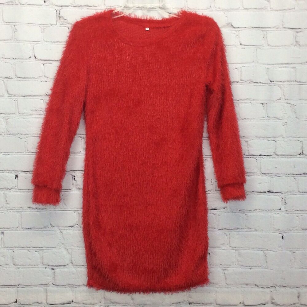 Red Eyelash Bodycon Mini Dress Women's Size S Clubwear Party Long Sleeve Stretch